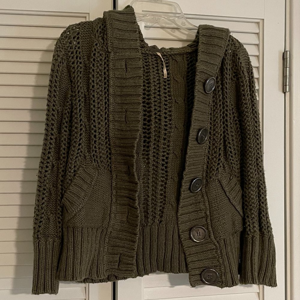 Free People: Cotton Knit Cardigan, 3/4 Sleeve, Button Up, Pockets, Hood, Size M